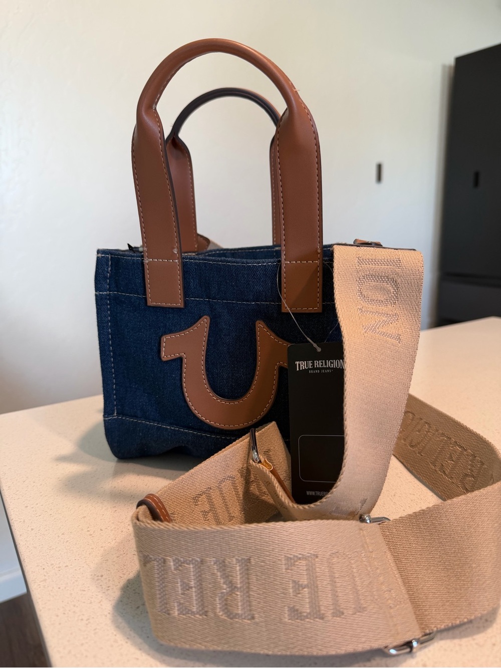 True Religion Denim Mini Tote with Tan Leather Trim and Beige Strap